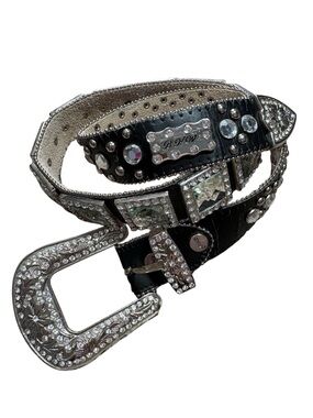 BHW | Black Rhinestone Western-Style Women's Belt size M Silver Accents Studding